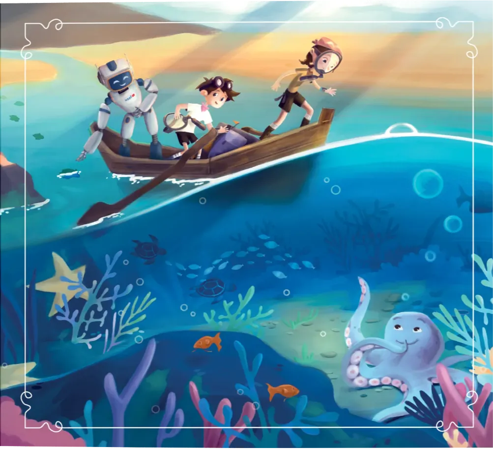 Tekno Maceracilar - the explorers row across the sea while an octopus and reef fish swim below