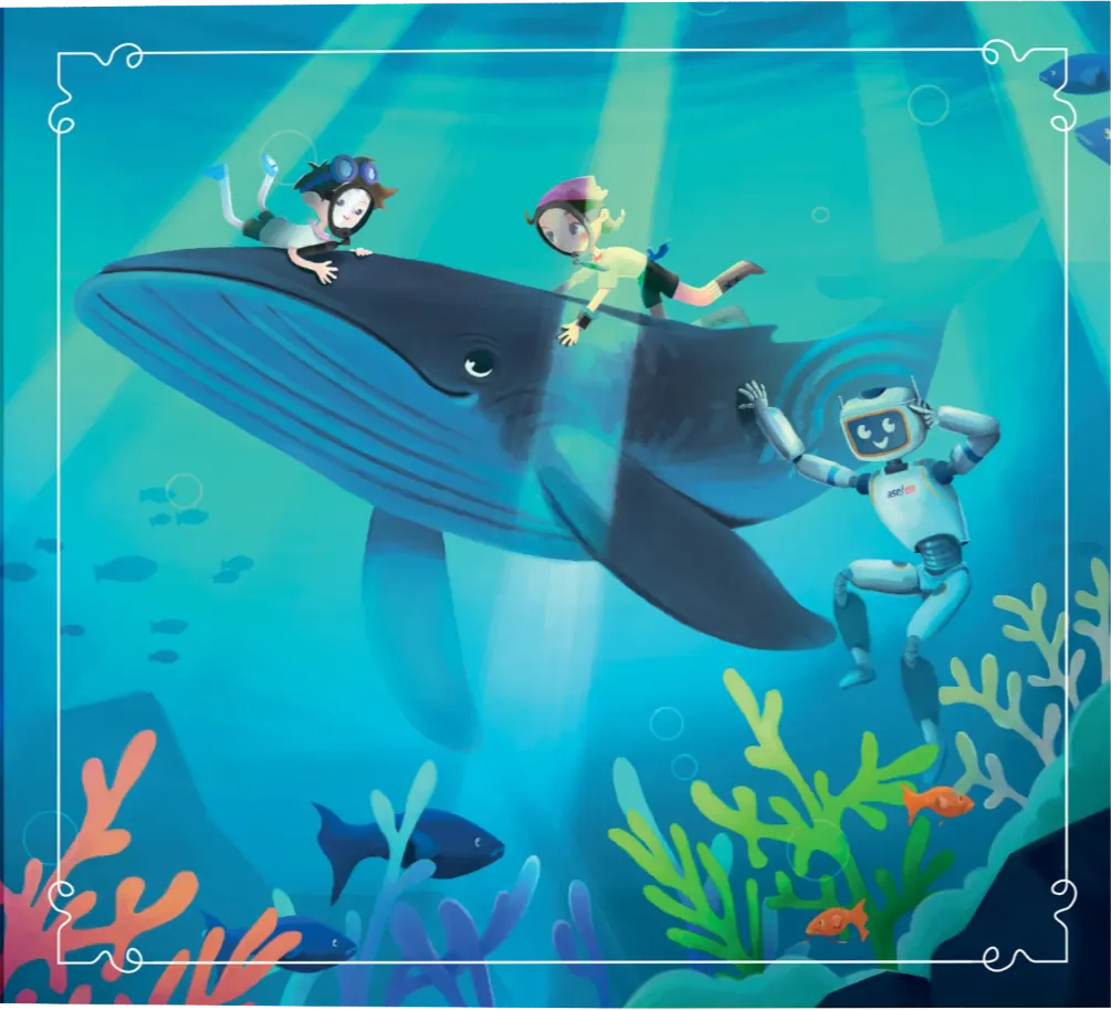 Tekno Maceracilar - the explorers and robot dive alongside a blue whale above a coral reef