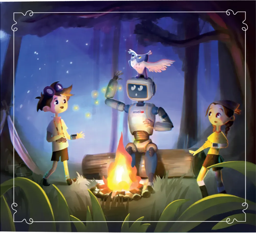 Tekno Maceracilar - the explorers gather by a campfire at night as a white bird lands on the robot