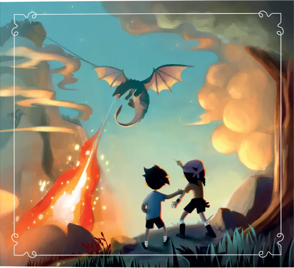 Tekno Maceracilar - a dragon breathes fire across the sky as the two explorers look on