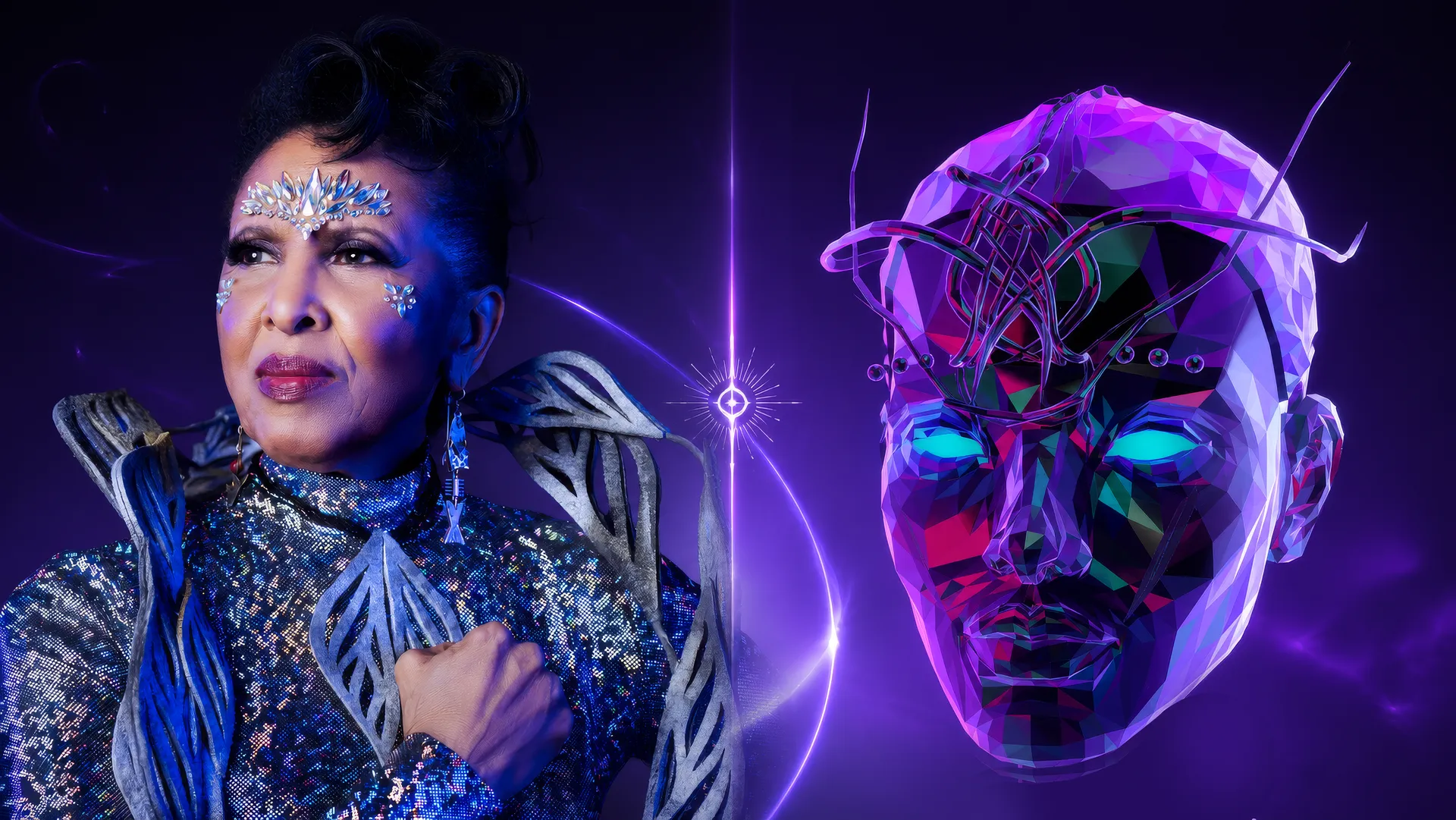 The Sum of Us - Nona Hendryx in jewelled make-up and a sculptural collar beside her faceted digital twin mask with glowing eyes, on deep purple