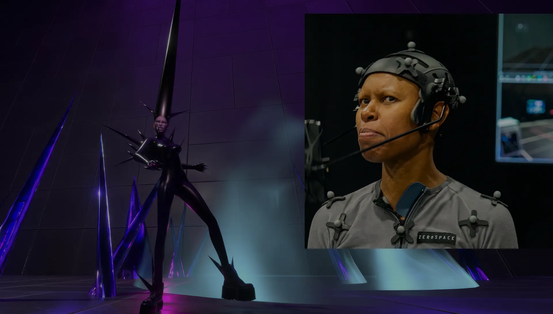 Performance capture session translating a live performer into a digital character